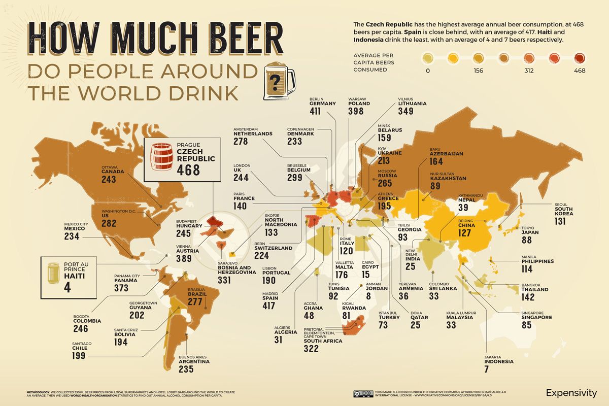 How Much Beer Do People Drink Map avg consumed. Imagen: Expensivity