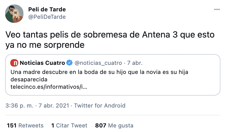 Tuit gracioso de Peli de Tarde sobre las películas psicópatas de Antena3 y la vida real
