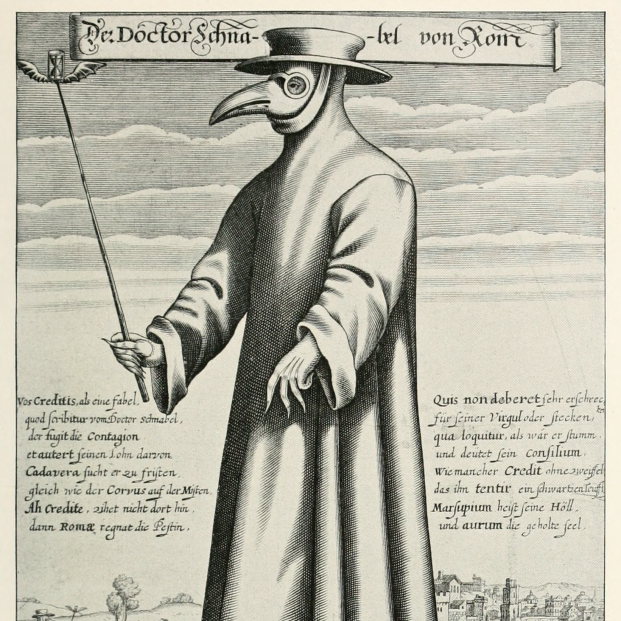 Doctor de la peste negra (Wikimedia commons) Grabado de Paul Fürst, 1656.