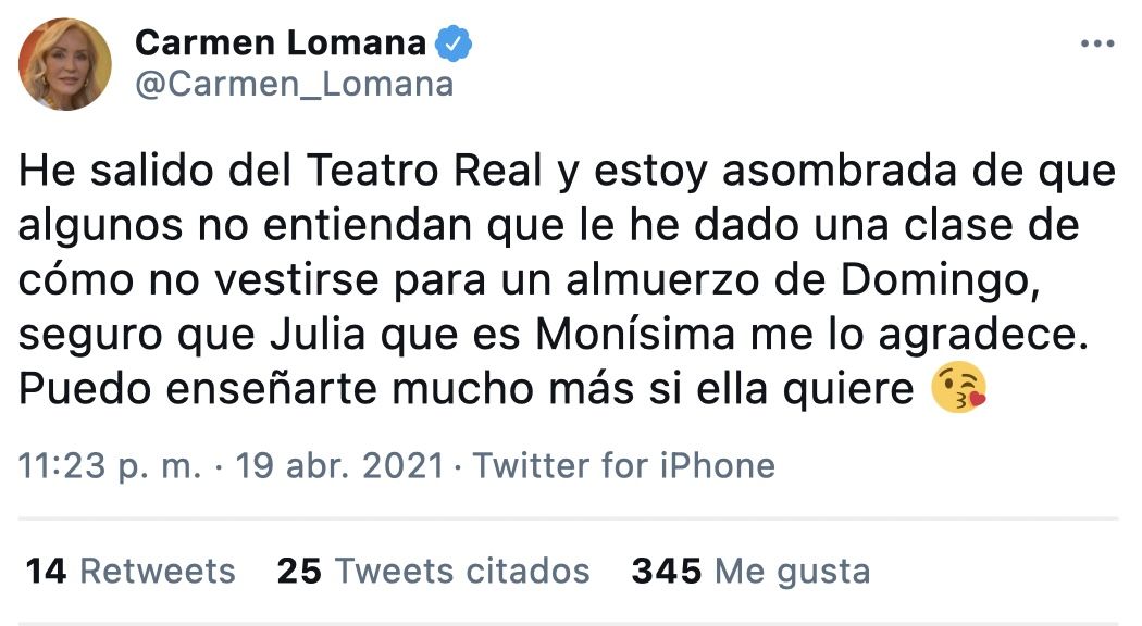 Tuit de Carmen Lomana respondiendo a las críticas 