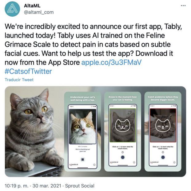 Tuit de la empresa AltaML anunciando el lanzamiento de la app 'Yably'