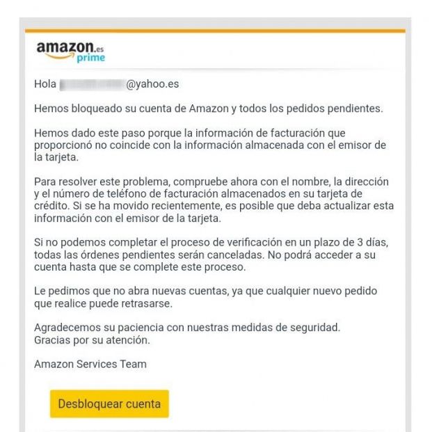 Correo electrónico 'phishing' que suplanta la identidad de Amazon. (Foto: ESET)