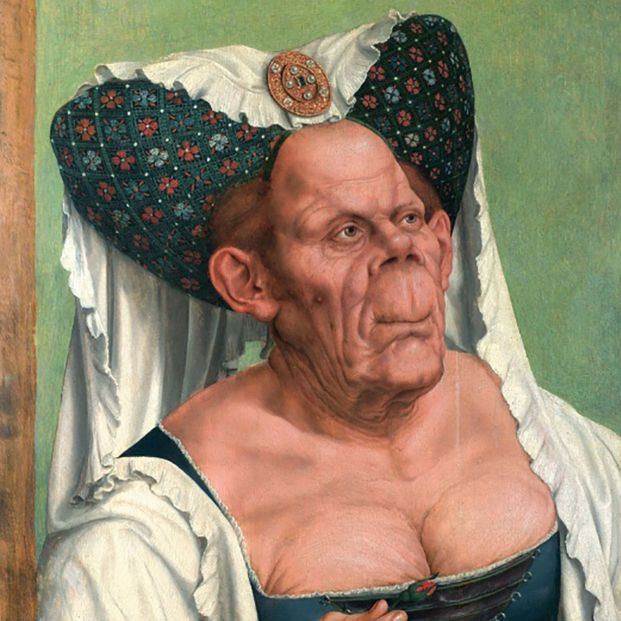 Grotesco de mujer vieja, Quinten Massys, flamenco, de 1525 aproximadamente, óleo sobre madera, de 65 por 46 cm. Se encuentra en la Galería Nacional de Londres, Inglaterra.